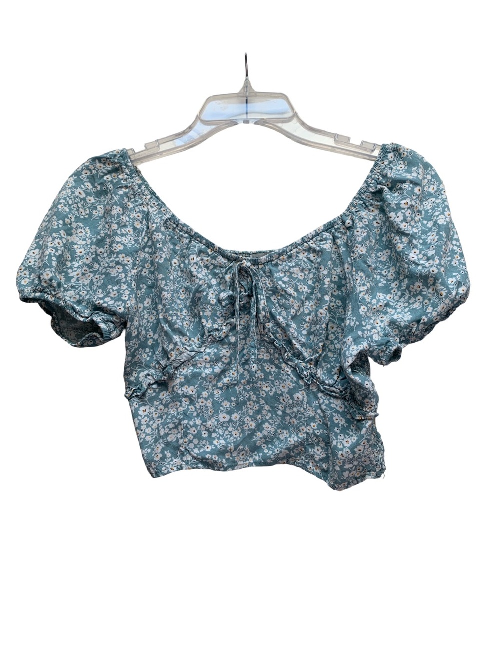Paper Crane Teal Blue Floral Puff-Sleeve Crop Top